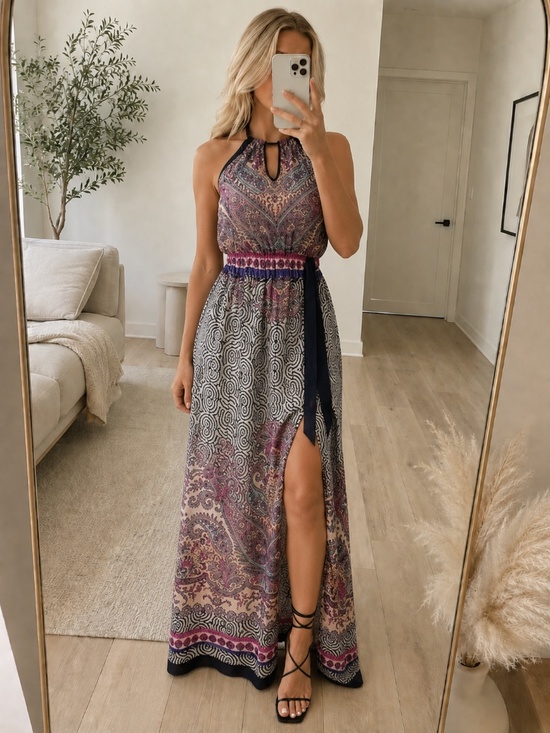 bebe Dresses & Skirts - Bebe Paisley Halter Belted Side Slit Maxi Dress XS
